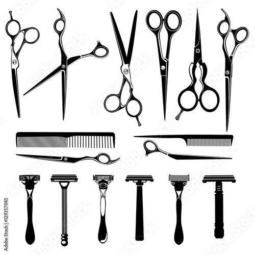 Set of barber accessories for cutting and trimming hair and shaving. Scissors, comb and razor icons Vector Illustration.
