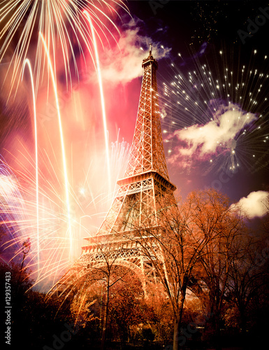 Eiffel tower (Paris, France) with fireworks