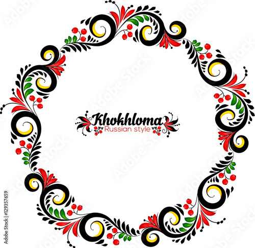 Ornate floral round frame in Russian khokhloma style