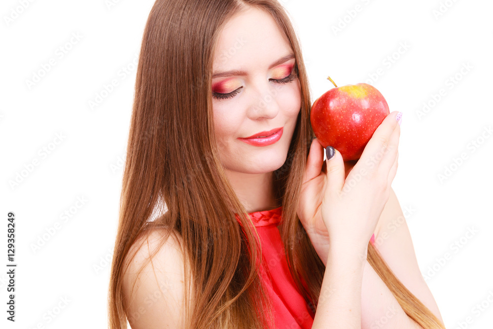 Woman charming girl colorful makeup holds apple fruit Woman charming girl colorful makeup holds apple fruit