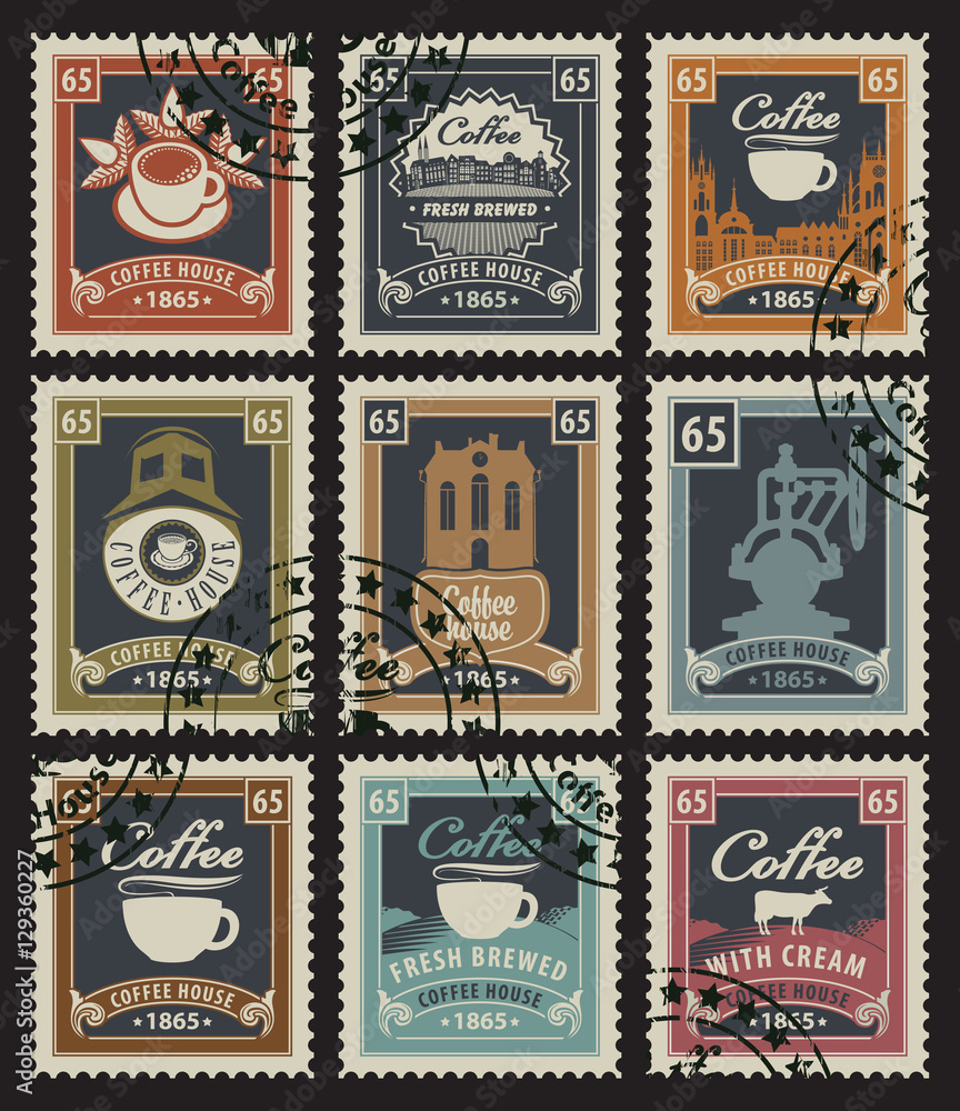 set of stamps for coffee houses in retro style