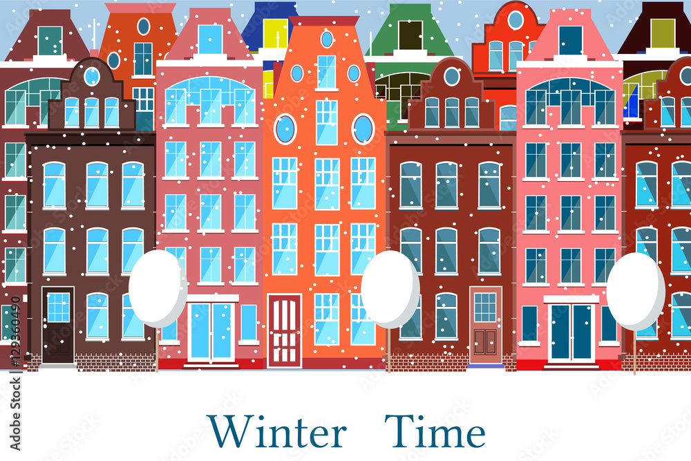 Winter cityscape vector illustration. City in the winter. Flat design. Cartoon