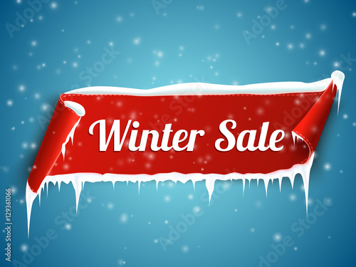 Winter sale background with red realistic ribbon banner and snow.