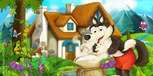 Fototapeta Cartoon scene with wolf near village house with a sack full of flour - illustration for children