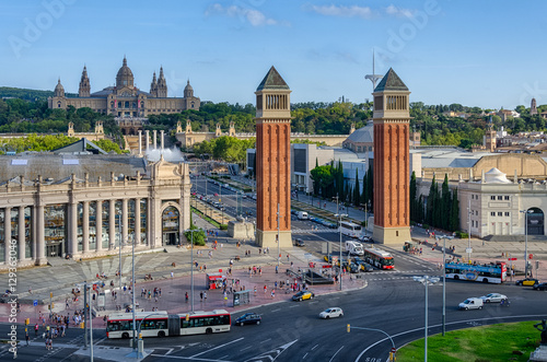 Panoramic view on placa Espanya in Barcelona, Spain