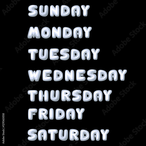 Days of the week: Sunday, Monday, Tuesday, Wednesday, Thursday, Friday, Saturday