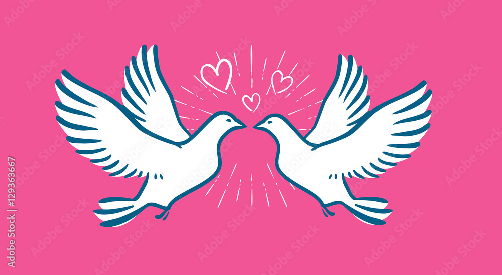 Fototapeta premium White dove flying. Wedding, love symbol. Valentines day banner