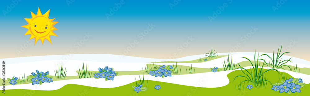 Vektor Illustration mit lachender Sonne im Frühling mit Tauwetter und der Schnee schmilzt