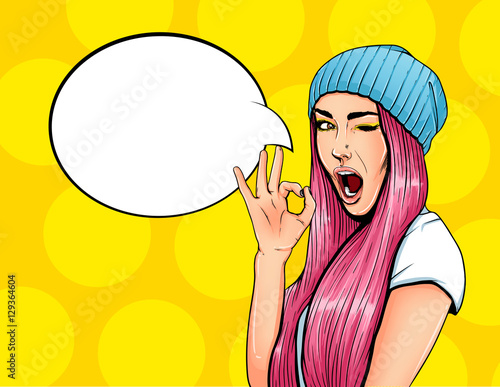 Pop Art Vintage advertising poster comic girl with speech bubble. Pretty girl giving ok gesture