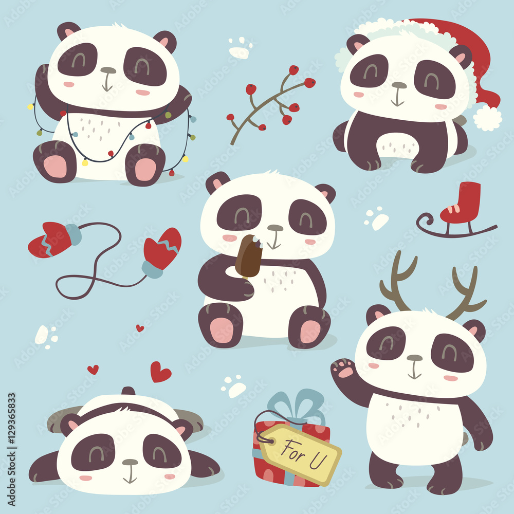 Fototapeta premium vector cartoon style cute christmas panda set