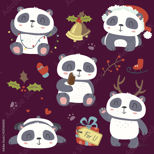 Fototapeta Naklejka Na Ścianę i Meble -  vector cartoon style cute christmas panda set