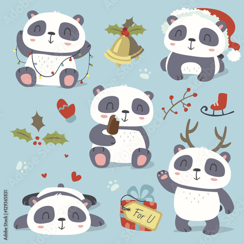 Fototapeta Naklejka Na Ścianę i Meble -  vector cartoon style cute christmas panda set