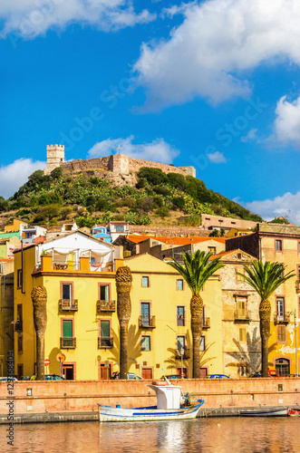 Colorful houses and old fort above Bosa, Sardinia, Italy, Europe