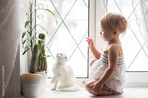Fototapeta Naklejka Na Ścianę i Meble -  Toddler blonde girl playing with white cat on  window real inter