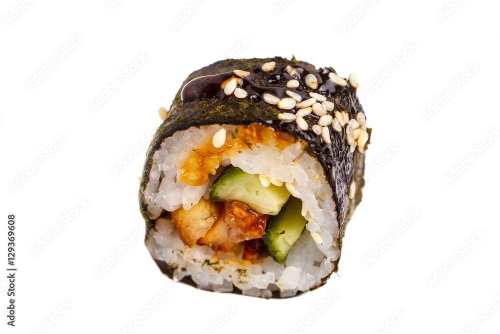 Japanese roll rice, nori, cucumber, eel sauce. Close-up on white Japanese roll rice, nori, cucumber, eel sauce. Close-up on white