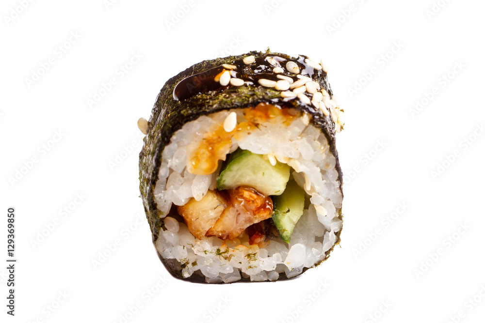 Japanese roll rice, nori, cucumber, eel sauce. Close-up on white Japanese roll rice, nori, cucumber, eel sauce. Close-up on white