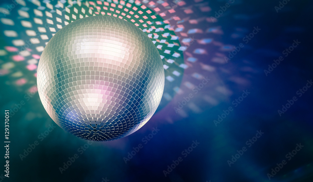 Obraz premium Shiny disco ball and light reflections in background. 3D rendered illustration.