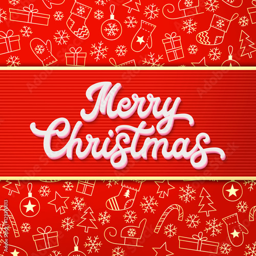 Merry Christmas. White 3d Xmas lettering inscription on red and gold Christmas background with sleighs, trees, balls, gifts. Decoration for seasons greeting cards design. Font vector illustration.