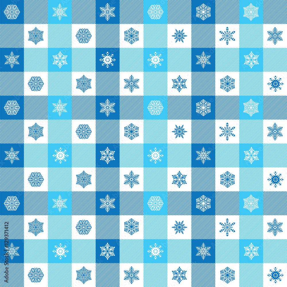 Seamless Christmas gingham checks and snowflakes wrapping paper pattern.