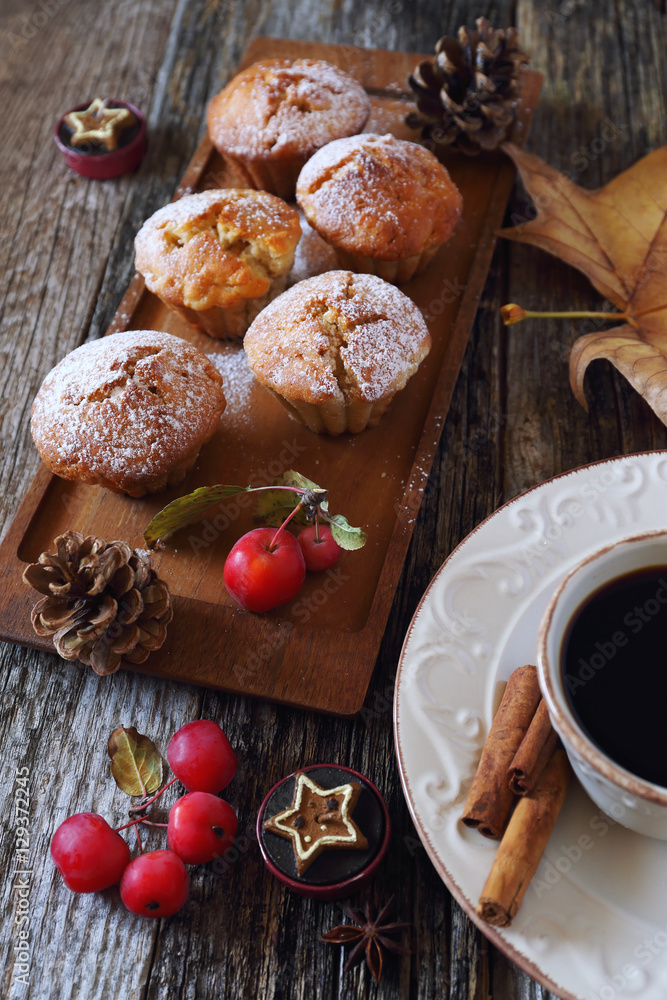 Apple muffins, cup of coffee and paradise apples Apple muffins, cup of coffee and paradise apples