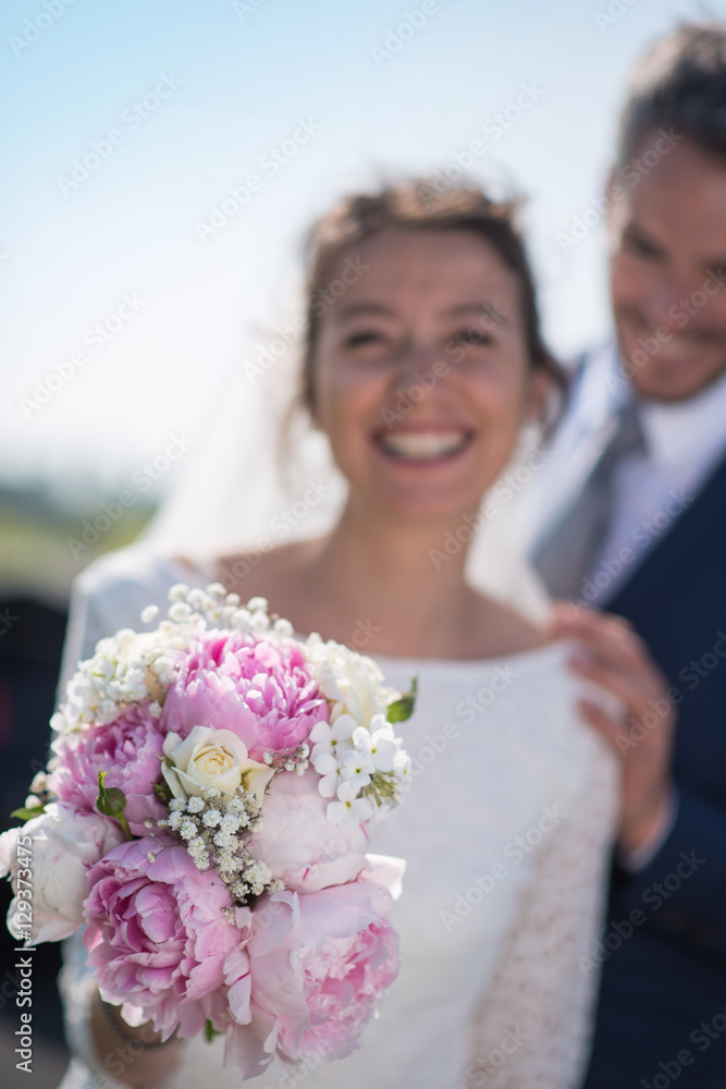 portrait beautiful smiling newlywed with a bouquet portrait beautiful smiling newlywed with a bouquet