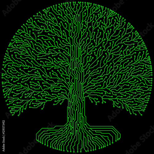 Hi-tech circuit style round yggdrasil tree. Cyberpunk futuristic design.