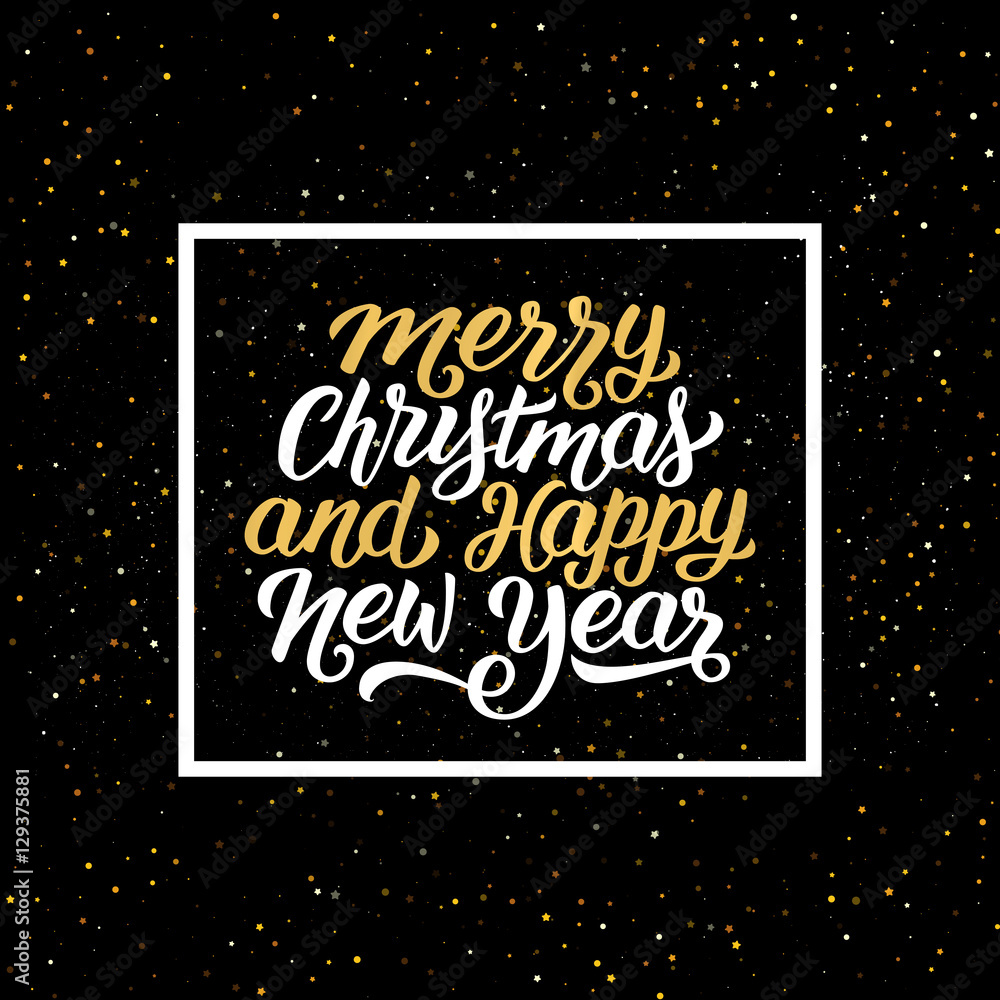 Merry Christmas and Happy New Year phrase in frame on black background with yellow glitters. Vector illustration for Xmas with season greetings.