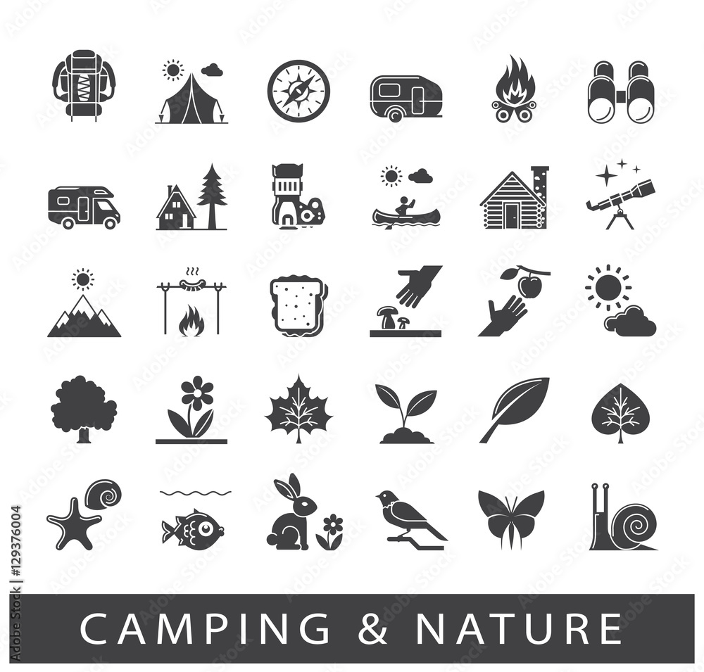 Set of camping and nature icons. Spending time in nature. Picnic, hiking in the wild. Collection of outdoor icons. Vector illustration. Set of camping and nature icons. Spending time in nature. Picnic, hiking in the wild. Collection of outdoor icons. Vector illustration.