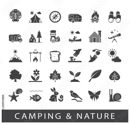 Set of camping and nature icons. Spending time in nature. Picnic, hiking in the wild. Collection of outdoor icons. Vector illustration.