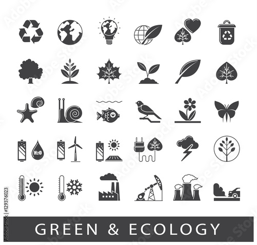 Set of ecology icons. Bio alternative for pollution  prevention of global warming. Green power  nature  preservation  care  social consciousness. Vector illustration.