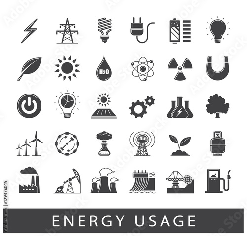 Various energy sources. Various kinds of energies for use in industry and everyday life. Solar energy, bio alternative, fuel, electricity, nuclear, wind power, gas. Vector illustration.