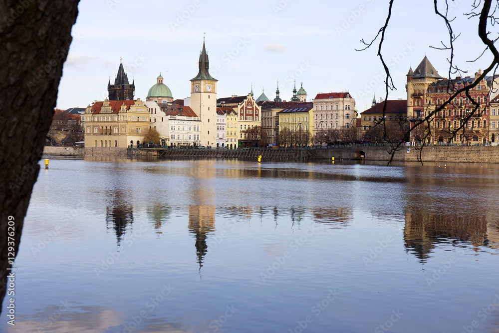 Winter Old Town of Prague above River Vltava, Czech Republic 