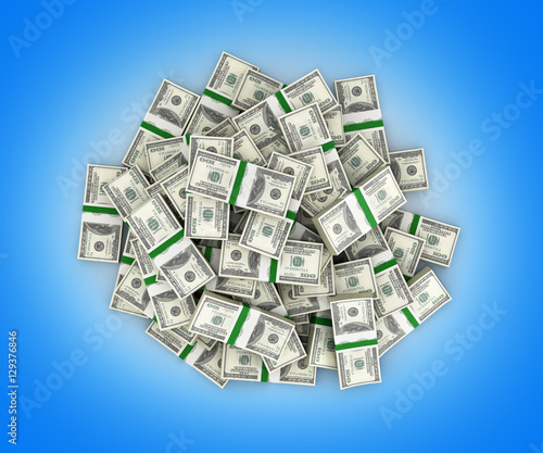 big pile of money american dollar bills on blue background 3d