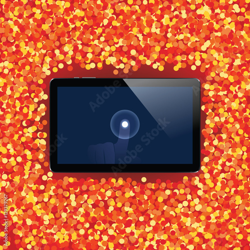 Digital tablet with shiny sensor screen with touch hand. Electronic smart device