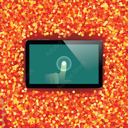 Digital tablet with shiny sensor screen with touch hand. Electronic smart device