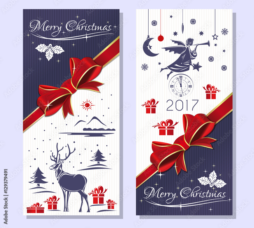 Merry Christmas 2017.  Purple greeting Christmas card with gift box, red ribbon and bow, reindeer in a snowy winter forest, Christmas angel and antique clock . Vector flyer template