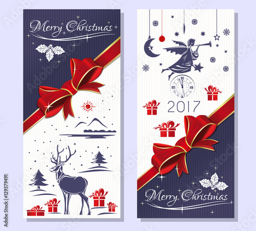 Merry Christmas 2017.  Purple greeting Christmas card with gift box  red ribbon and bow  reindeer in a snowy winter forest  Christmas angel and antique clock . Vector flyer template