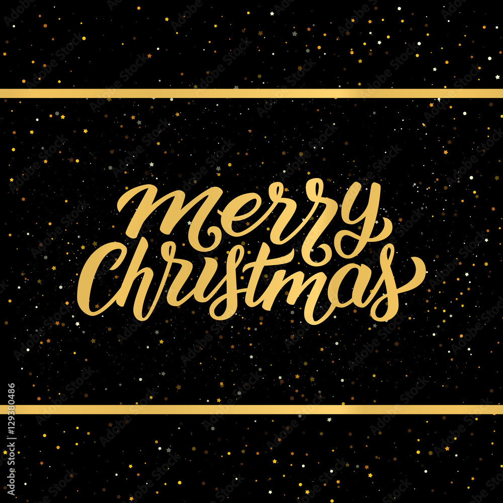Merry Christmas phrase in frame with gold confetti on black background. Vector illustration for Xmas with season greetings.
