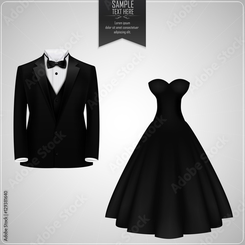 Black tuxedo and black bridal gown photo
