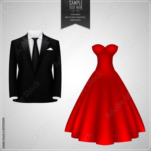 Black groom suits and red bridal gown
