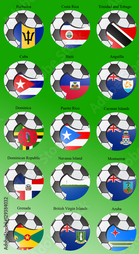 Fototapeta Naklejka Na Ścianę i Meble -  Set of icons. North and Central America's flags with soccer ball. Vector. 3D.