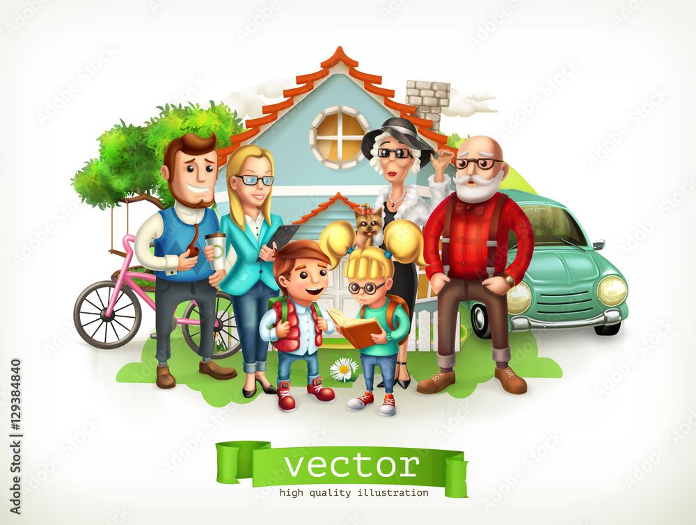 Family. Father, mother, grandmother, grandfather, son, daughter. House. 3d vector