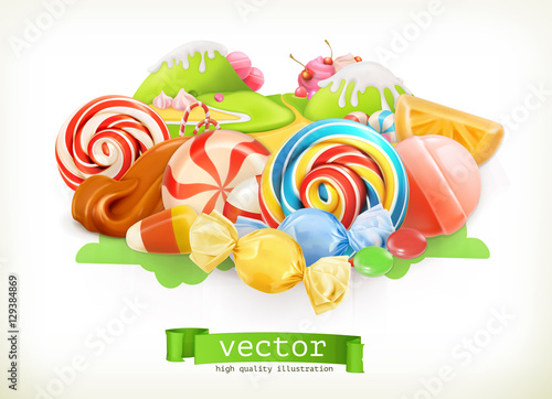 Sweet shop. Swirl candy, lollipop, caramel. Candy land. 3d vector illustration