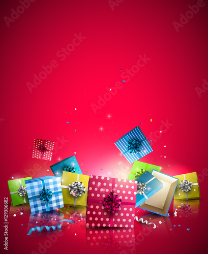 Colorful gift boxes on red background