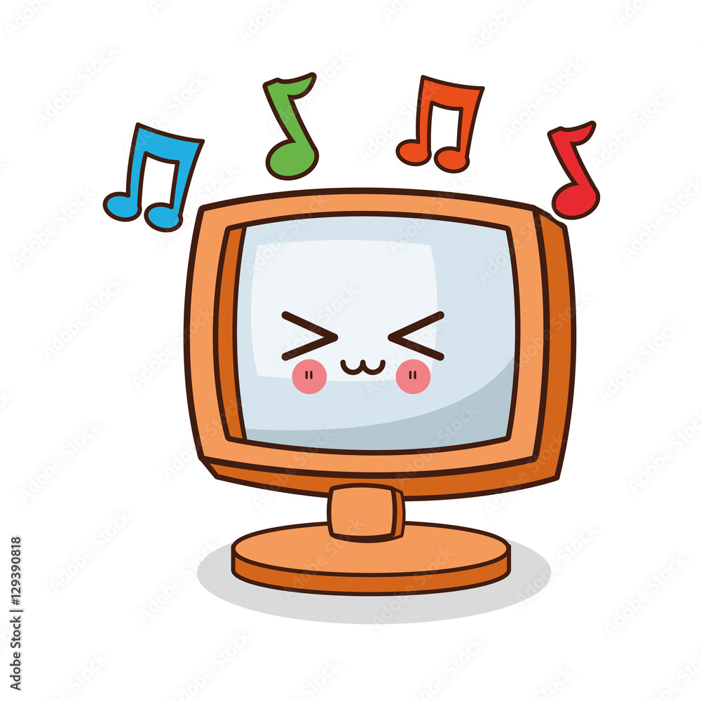 Kawaii computer cartoon and music note icon. Device technology and