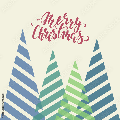 Vintage triangular stylized Christmas trees. Hand drawn calligraphy Merry Christmas lettering.