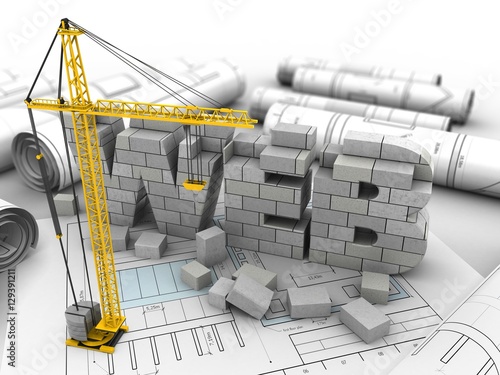 3d illustration of web development over drawing rolls background with crane