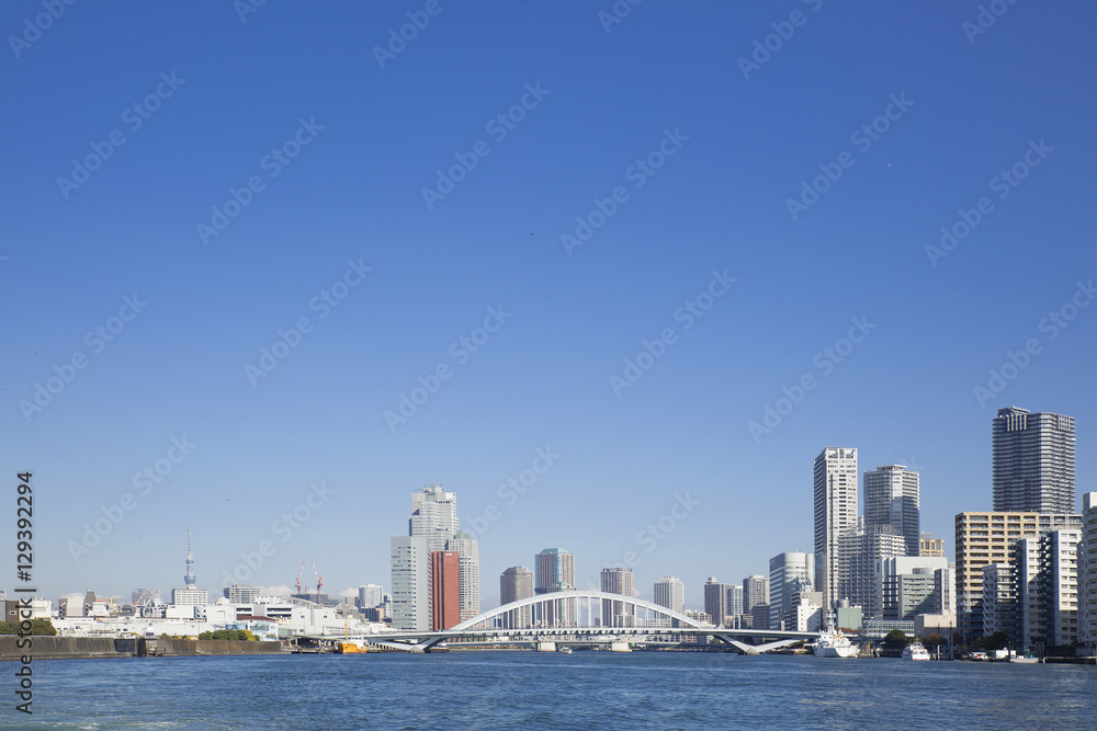 東京都市風景　完成した築地大橋と勝どきの月島ビルとマンション群　東京スカイツリー