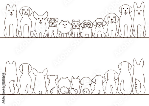 small and large dogs border set, front view and rear view, line art