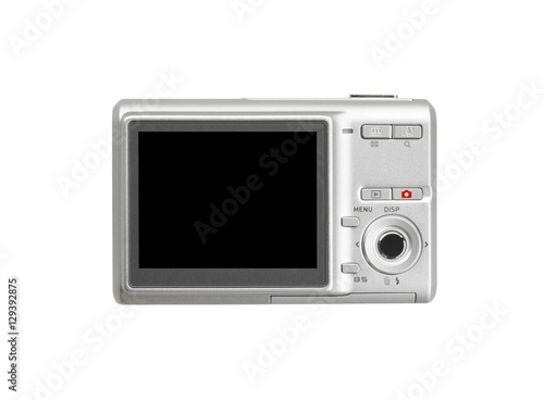 back silver digital compact camera with the blank black screen d